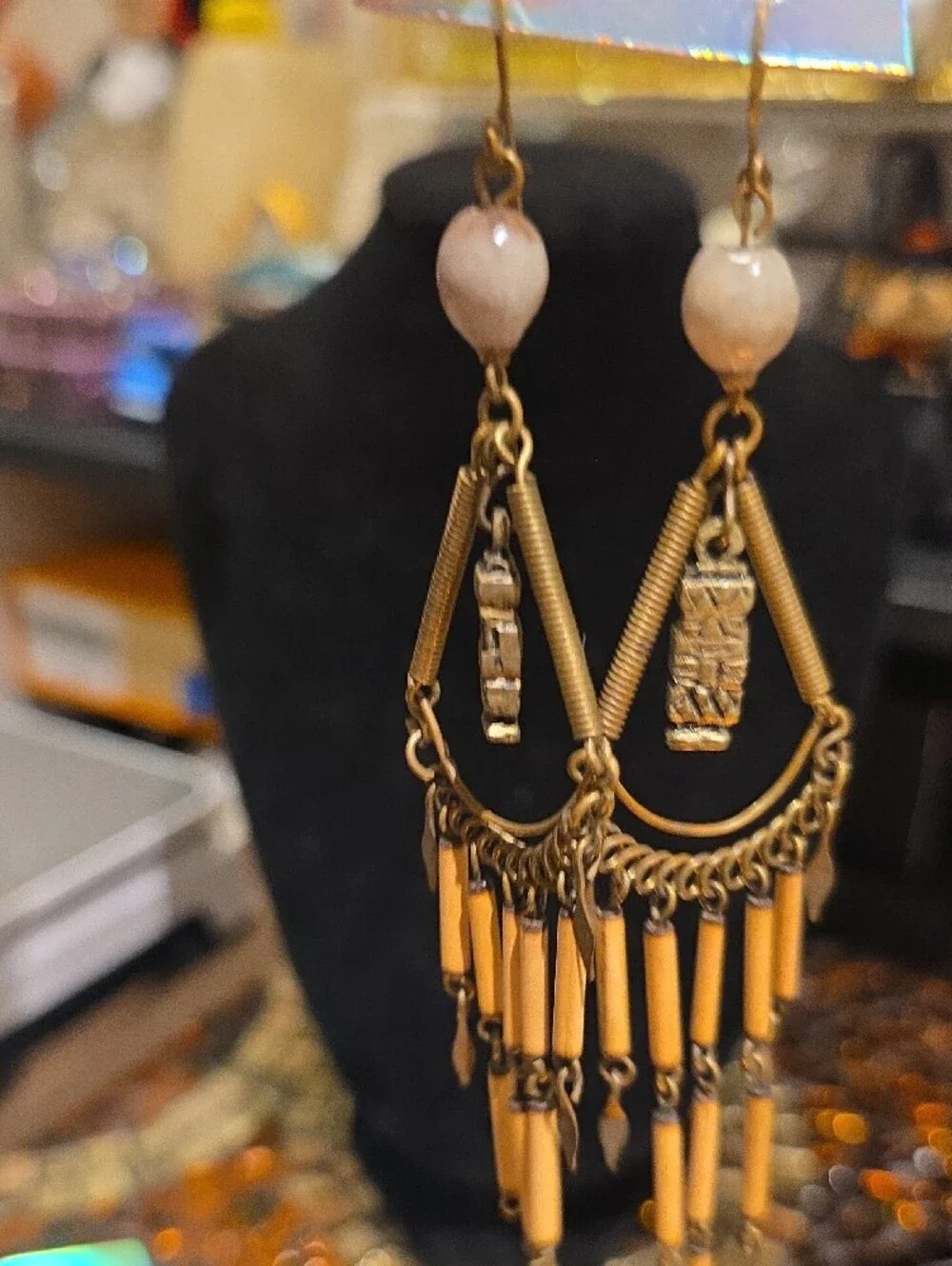 HOBO Gold-Tone and Beige Dangling Bead Fringe Earrings